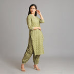 Moss Green & Gold V-Neck Afghani Suit Set – 3pc - Aavarana by Karnika