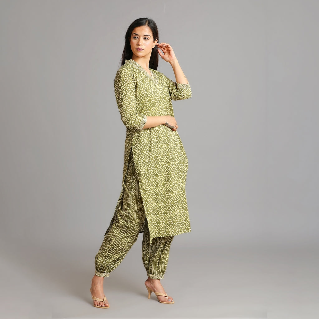 Moss Green & Gold V-Neck Afghani Suit Set – 3pc - Aavarana by Karnika