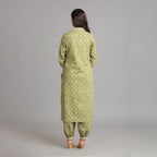 Moss Green & Gold V-Neck Afghani Suit Set – 3pc - Aavarana by Karnika