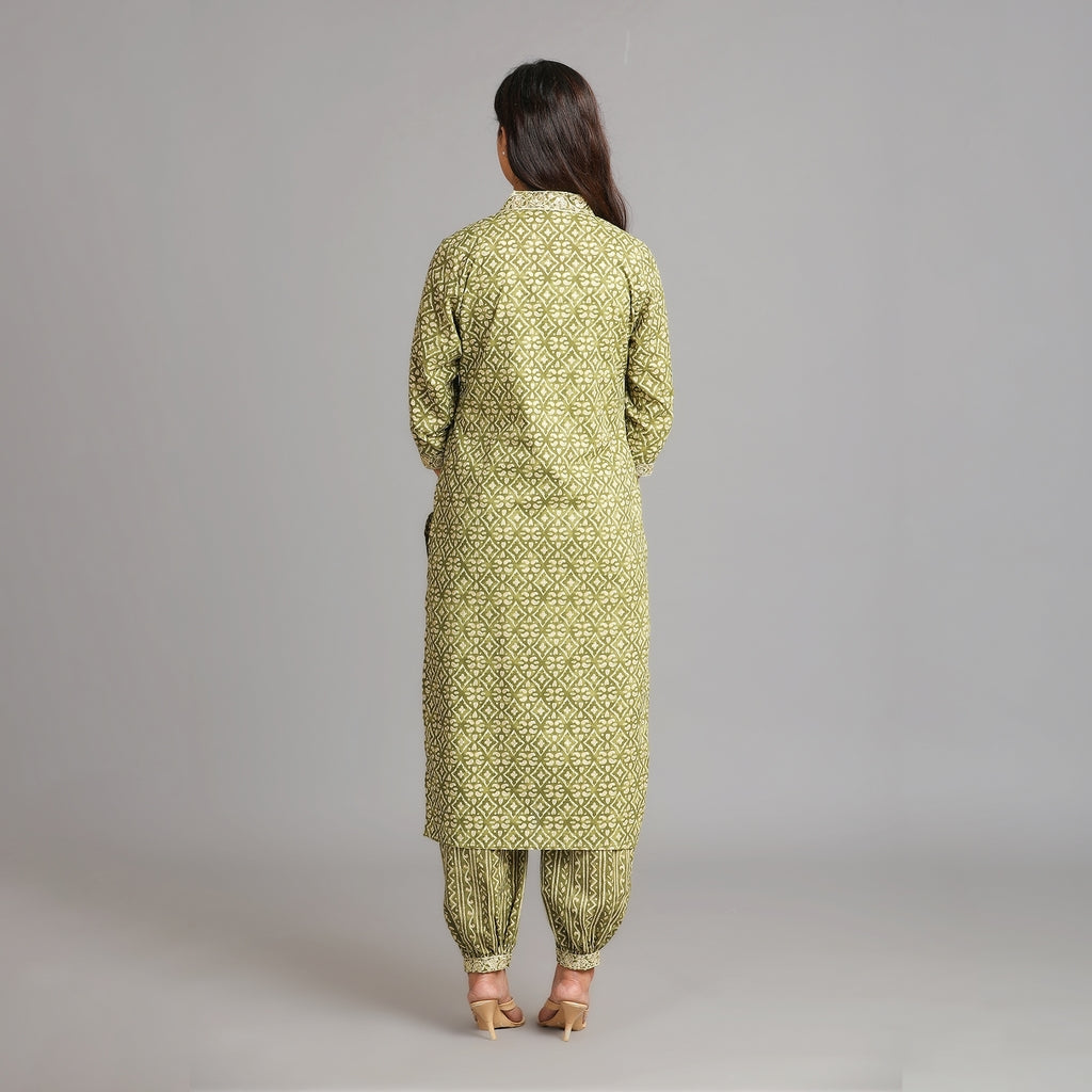 Moss Green & Gold V-Neck Afghani Suit Set – 3pc - Aavarana by Karnika