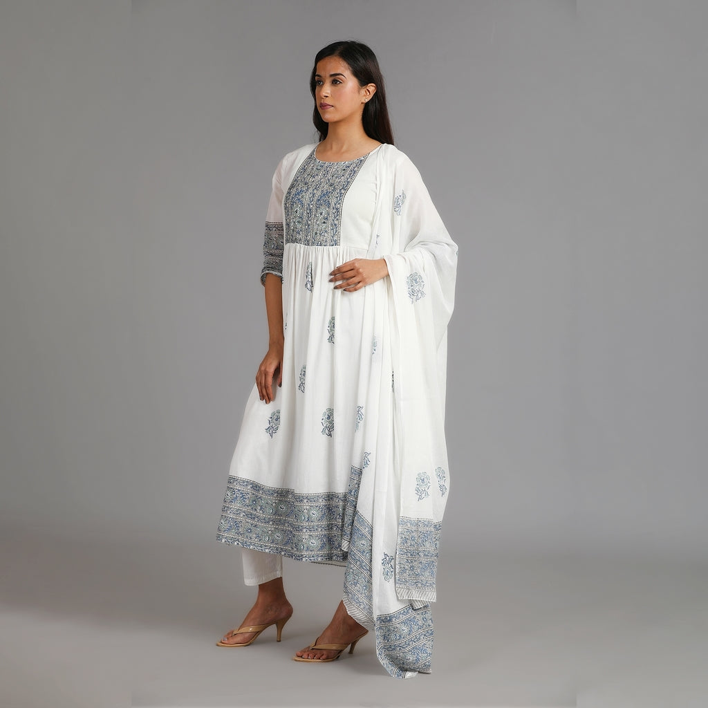 White & Blue Mul Cotton Naira Suit Set– 3pc - Aavarana by Karnika