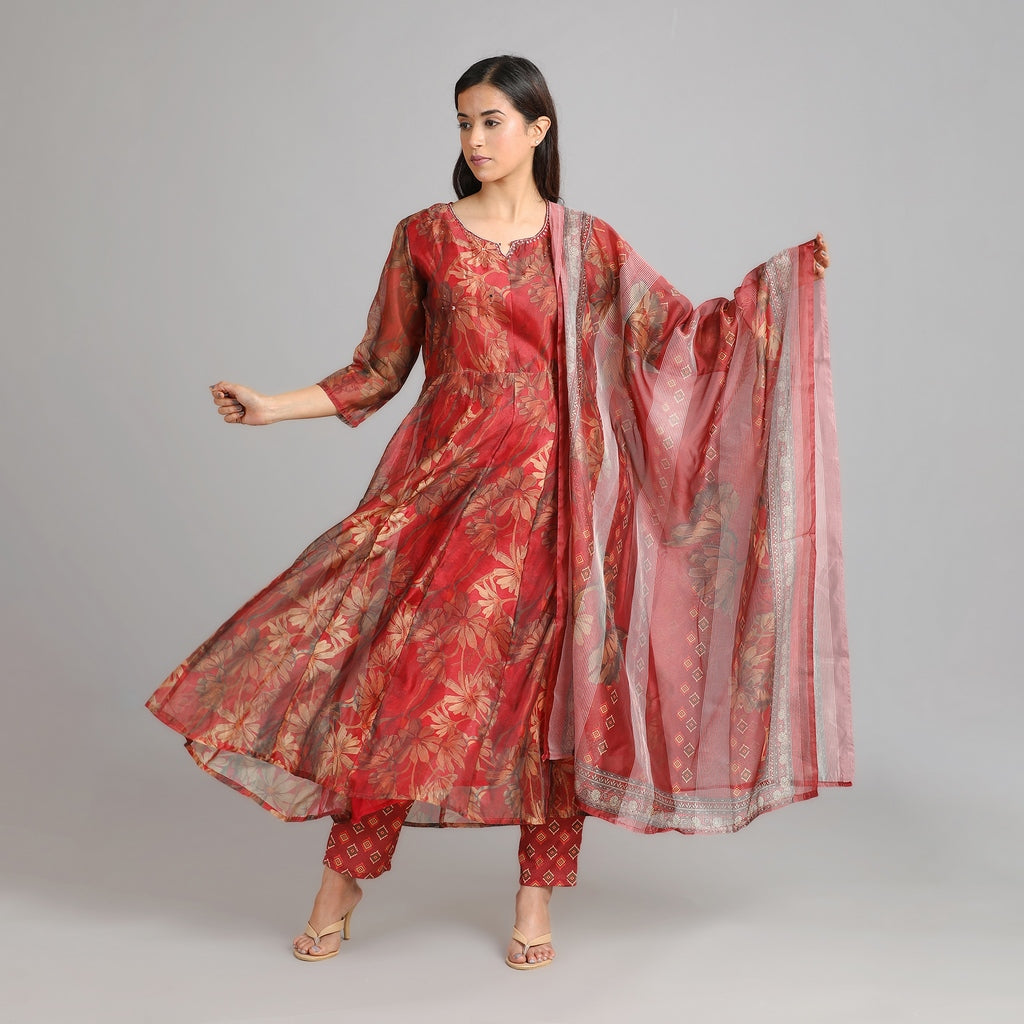 Crimson Chanderi Anarkali Suit Set with Embroidered Neckline– 3pc - Aavarana by Karnika