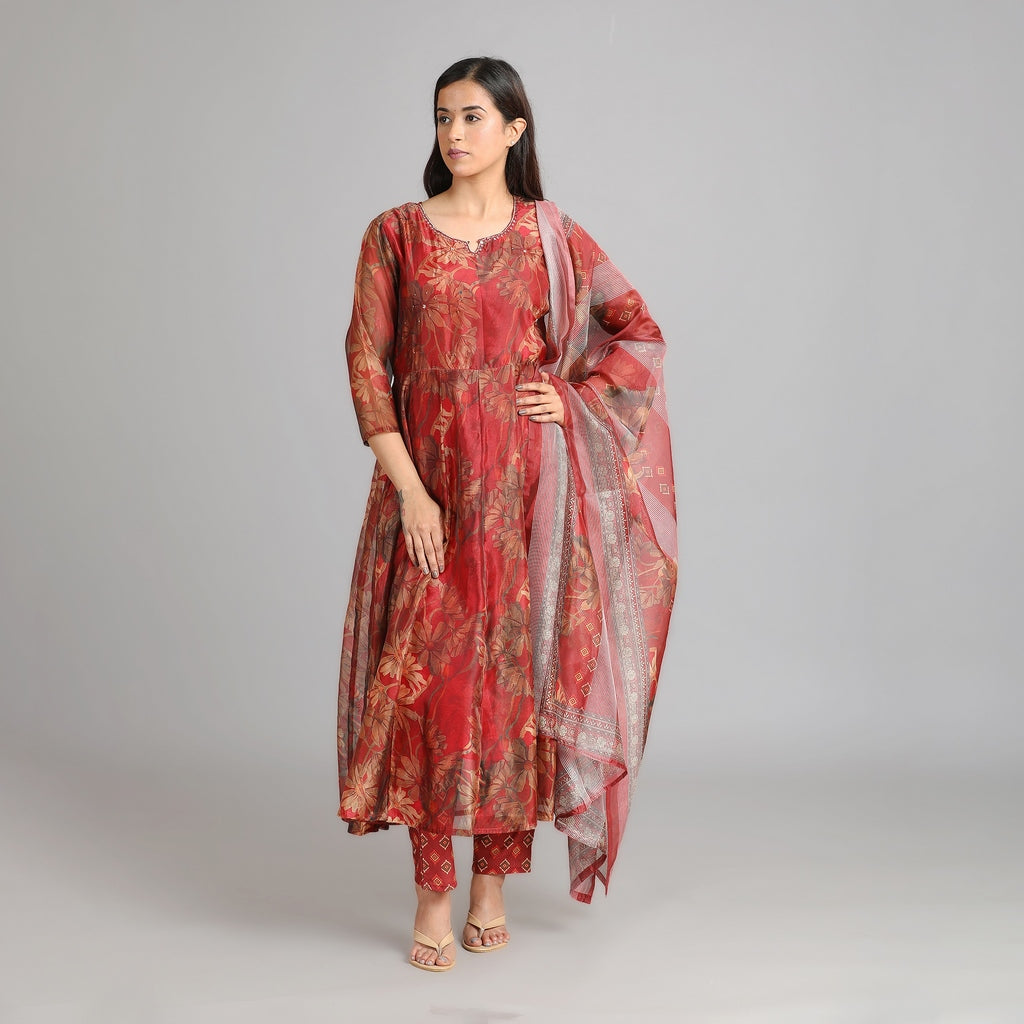 Crimson Chanderi Anarkali Suit Set with Embroidered Neckline– 3pc - Aavarana by Karnika