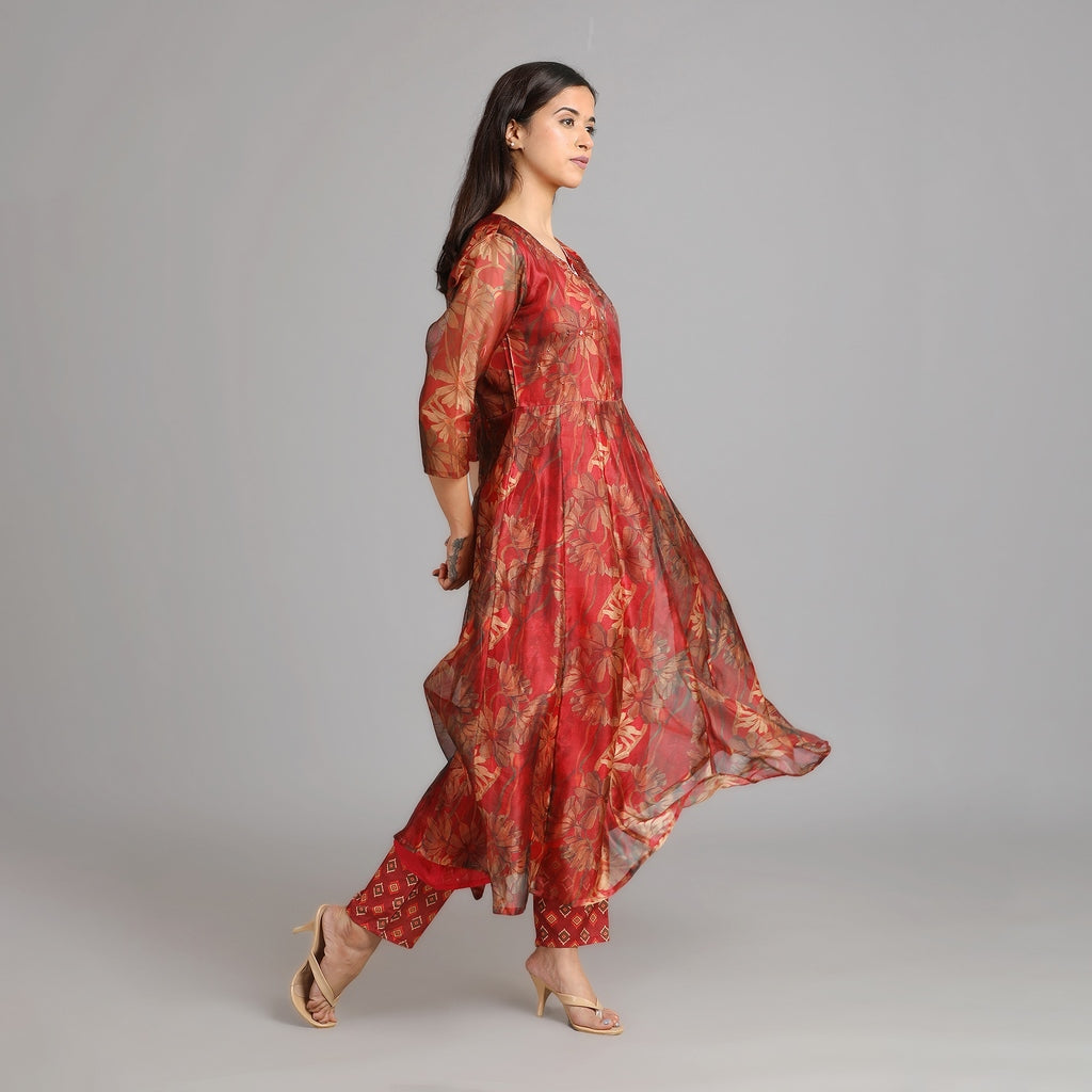 Crimson Chanderi Anarkali Suit Set with Embroidered Neckline– 3pc - Aavarana by Karnika