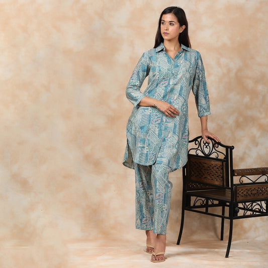 Powder Blue & Gold Muslin Co-ord Set – 2pc - Aavarana by Karnika