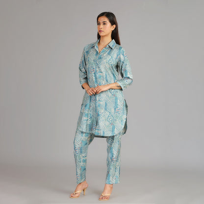 Powder Blue & Gold Muslin Co-ord Set – 2pc - Aavarana by Karnika