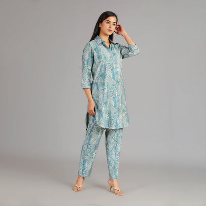 Powder Blue & Gold Muslin Co-ord Set – 2pc - Aavarana by Karnika