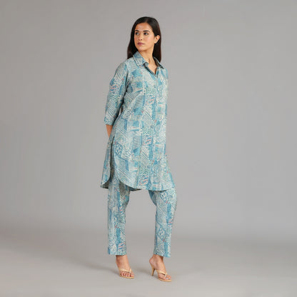 Powder Blue & Gold Muslin Co-ord Set – 2pc - Aavarana by Karnika