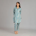Powder Blue & Gold Muslin Co-ord Set – 2pc - Aavarana by Karnika