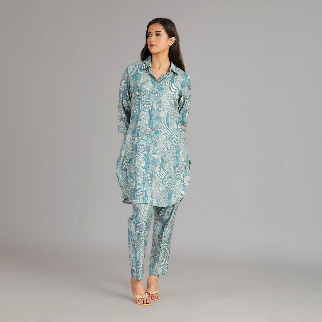 Powder Blue & Gold Muslin Co-ord Set – 2pc - Aavarana by Karnika