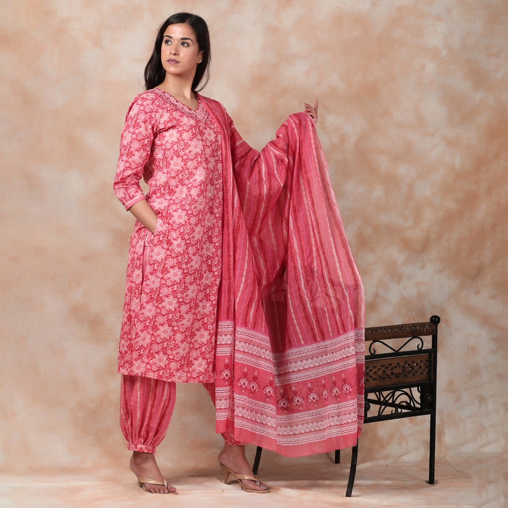 Red, Pink & Gold Cotton Afghani Suit Set– 3pc - Aavarana by Karnika