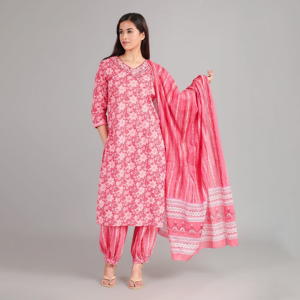 Red, Pink & Gold Cotton Afghani Suit Set– 3pc - Aavarana by Karnika