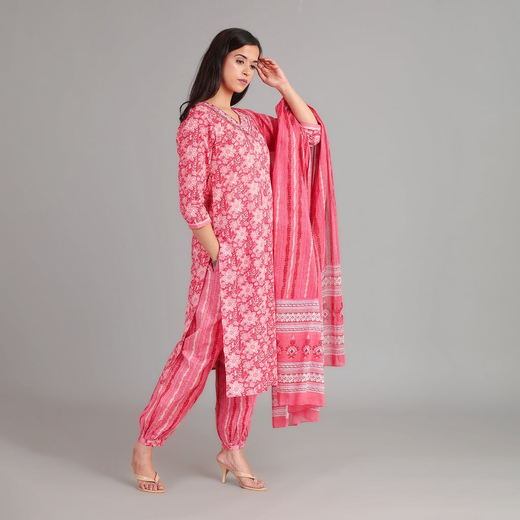 Red, Pink & Gold Cotton Afghani Suit Set– 3pc - Aavarana by Karnika