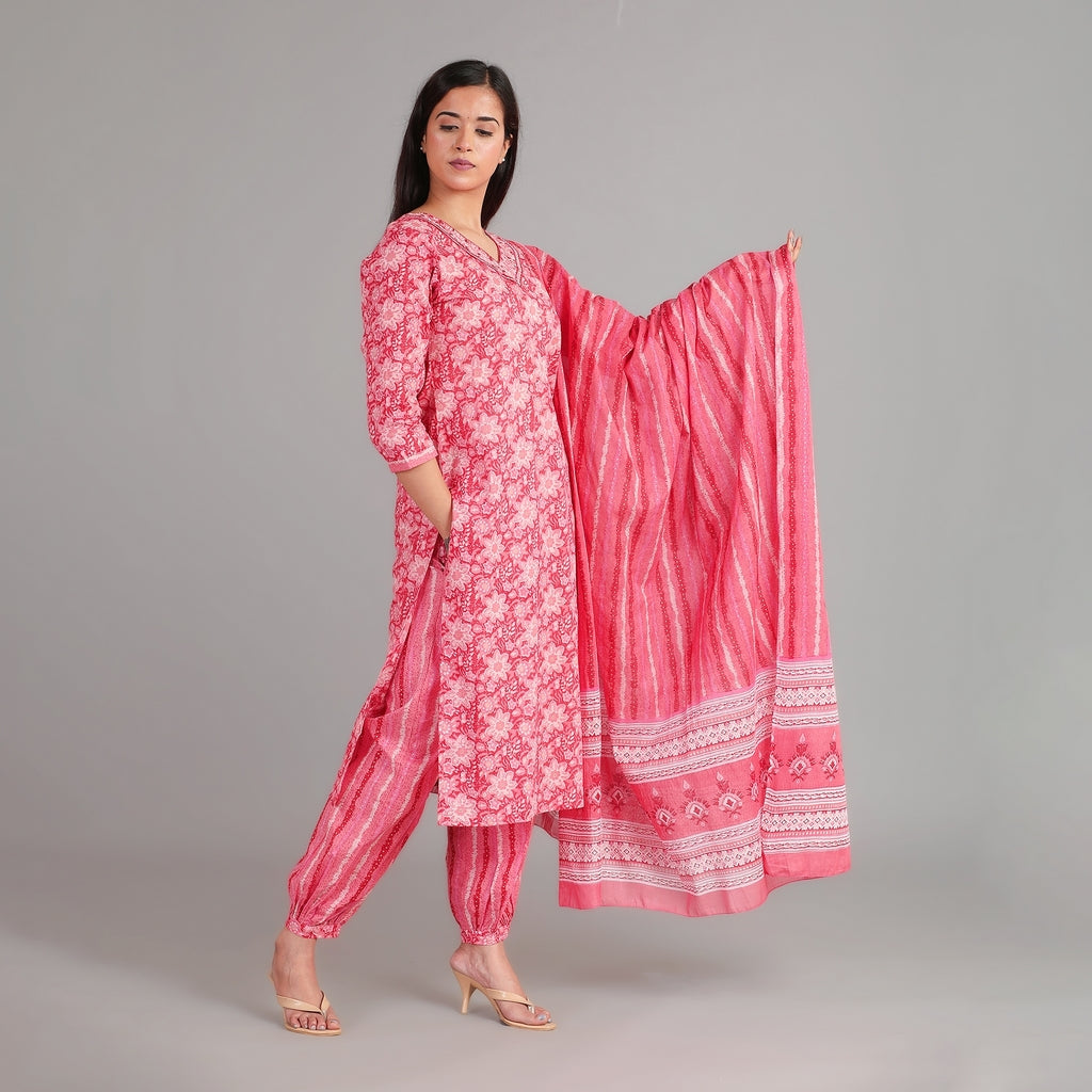 Red, Pink & Gold Cotton Afghani Suit Set– 3pc - Aavarana by Karnika