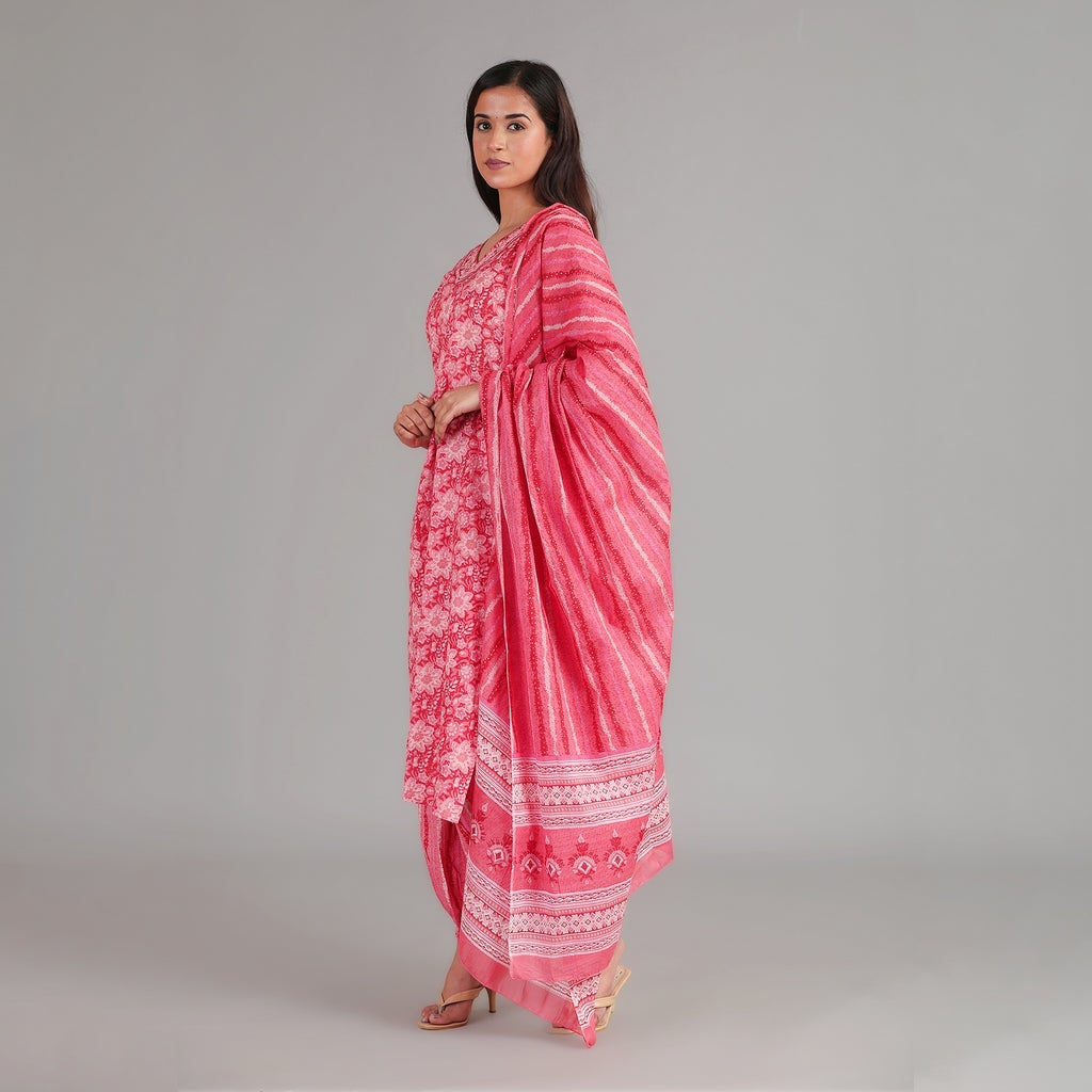 Red, Pink & Gold Cotton Afghani Suit Set– 3pc - Aavarana by Karnika