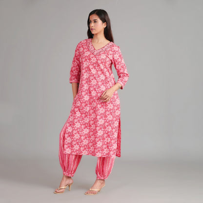 Red, Pink & Gold Cotton Afghani Suit Set– 3pc - Aavarana by Karnika