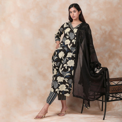 Black, Dark Blue & Beige Cotton Suit Set with All Over Mirror Work– 3pc - Aavarana by Karnika