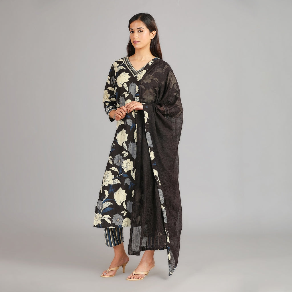 Black, Dark Blue & Beige Cotton Suit Set with All Over Mirror Work– 3pc - Aavarana by Karnika