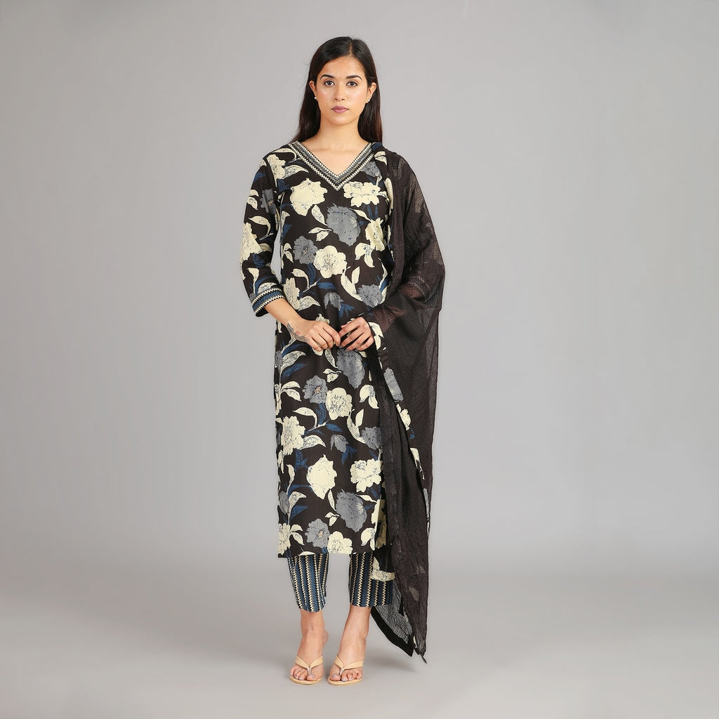 Black, Dark Blue & Beige Cotton Suit Set with All Over Mirror Work– 3pc - Aavarana by Karnika