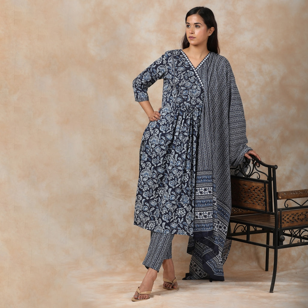 Indigo & White Cotton Angarkha Pattern Suit Set– 3pc - Aavarana by Karnika