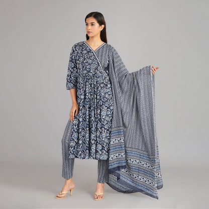 Indigo & White Cotton Angarkha Pattern Suit Set– 3pc - Aavarana by Karnika