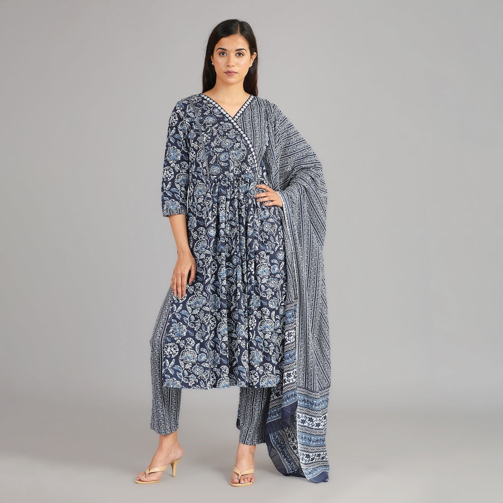 Indigo & White Cotton Angarkha Pattern Suit Set– 3pc - Aavarana by Karnika