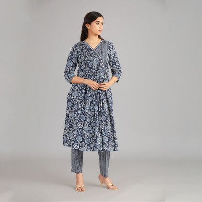 Indigo & White Cotton Angarkha Pattern Suit Set– 3pc - Aavarana by Karnika