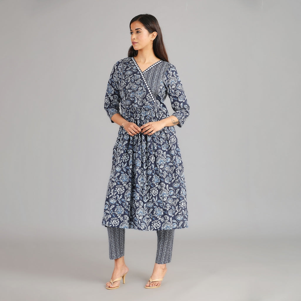 Indigo & White Cotton Angarkha Pattern Suit Set– 3pc - Aavarana by Karnika