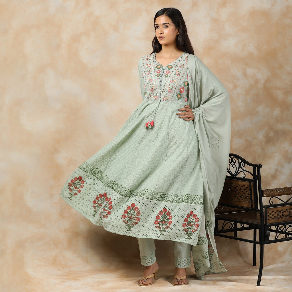 Pastel Green Cotton Heavy Schiffli Anarkali Suit Set with Block Pattern  & Gotapatti Work – 3pc - Aavarana by Karnika