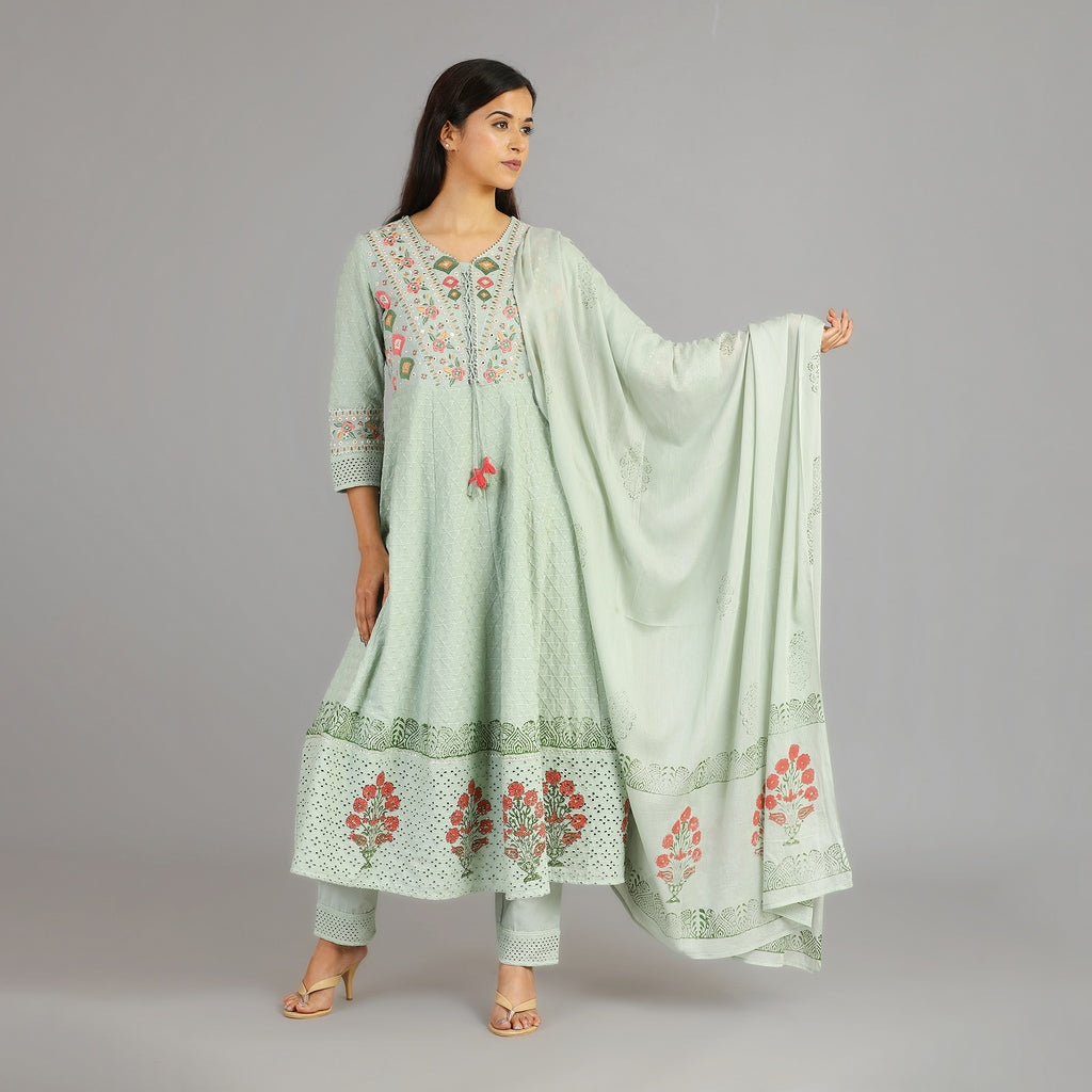 Pastel Green Cotton Heavy Schiffli Anarkali Suit Set with Block Pattern  & Gotapatti Work – 3pc - Aavarana by Karnika