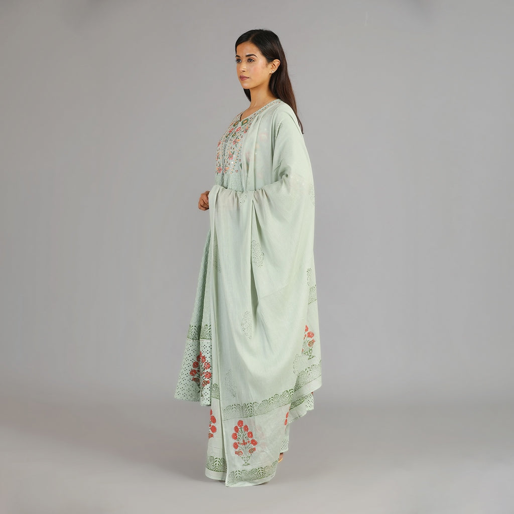 Pastel Green Cotton Heavy Schiffli Anarkali Suit Set with Block Pattern  & Gotapatti Work – 3pc - Aavarana by Karnika