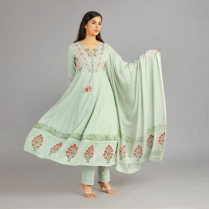 Pastel Green Cotton Heavy Schiffli Anarkali Suit Set with Block Pattern  & Gotapatti Work – 3pc - Aavarana by Karnika