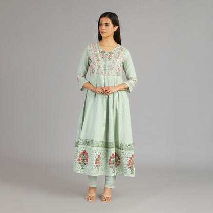 Pastel Green Cotton Heavy Schiffli Anarkali Suit Set with Block Pattern  & Gotapatti Work – 3pc - Aavarana by Karnika