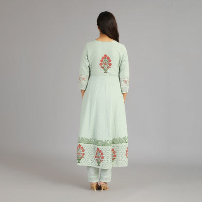 Pastel Green Cotton Heavy Schiffli Anarkali Suit Set with Block Pattern  & Gotapatti Work – 3pc - Aavarana by Karnika