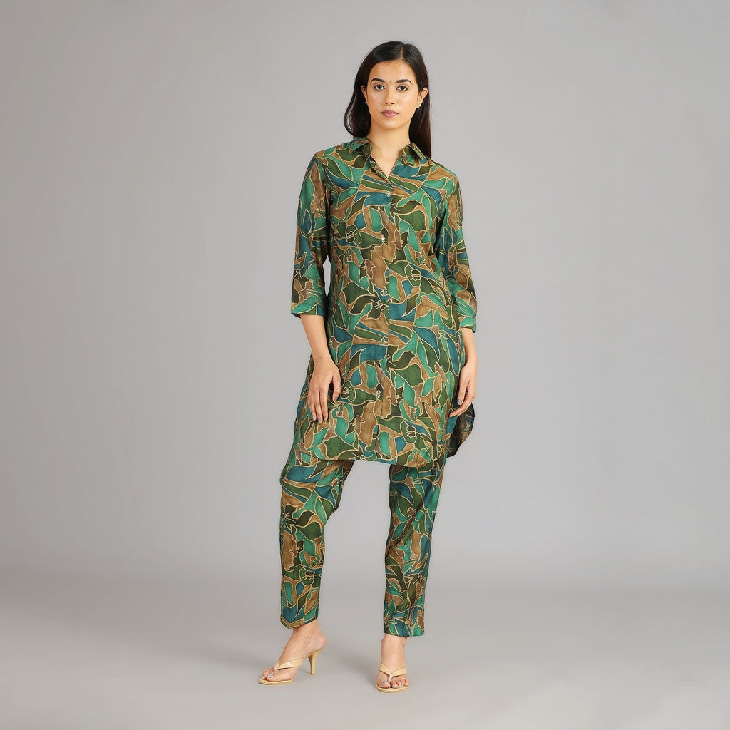 Green & Gold Muslin Co-ord Set – 2pc - Aavarana by Karnika