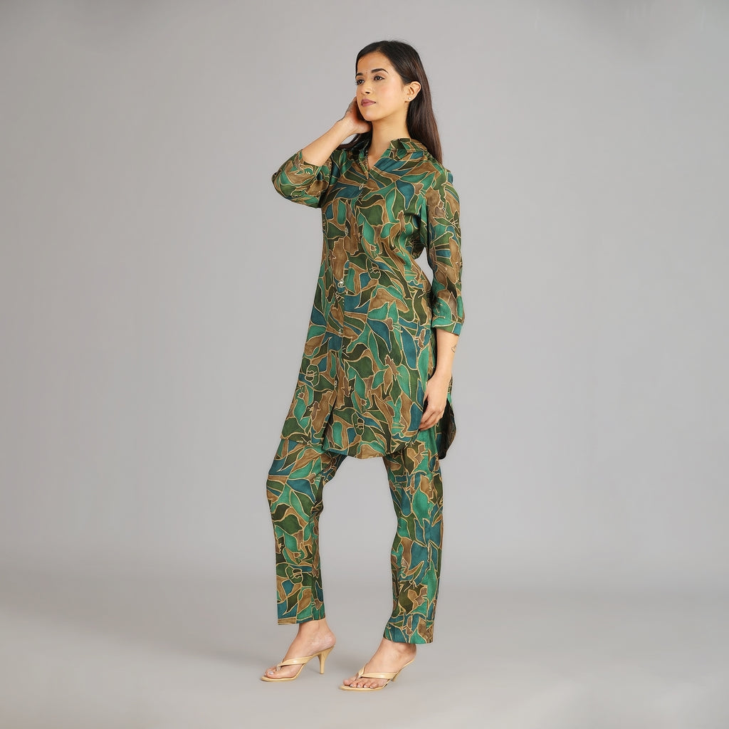 Green & Gold Muslin Co-ord Set – 2pc - Aavarana by Karnika