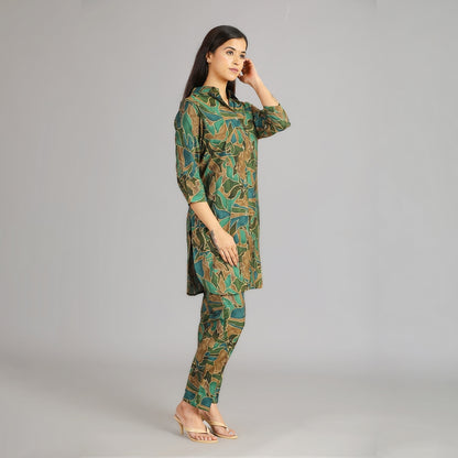 Green & Gold Muslin Co-ord Set – 2pc - Aavarana by Karnika