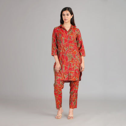 Red& Gold Muslin Co-ord Set – 2pc - Aavarana by Karnika