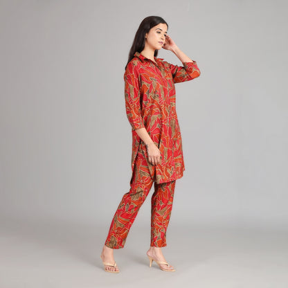 Red& Gold Muslin Co-ord Set – 2pc - Aavarana by Karnika