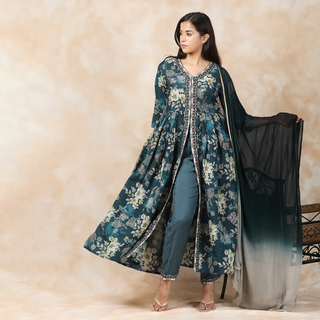 Shakti Dark Green Muslin Suit Set With Embroidered Neck and Gotapatti Dupatta– 3pc - Aavarana by Karnika