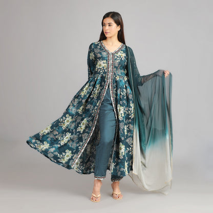 Shakti Dark Green Muslin Suit Set With Embroidered Neck and Gotapatti Dupatta– 3pc - Aavarana by Karnika