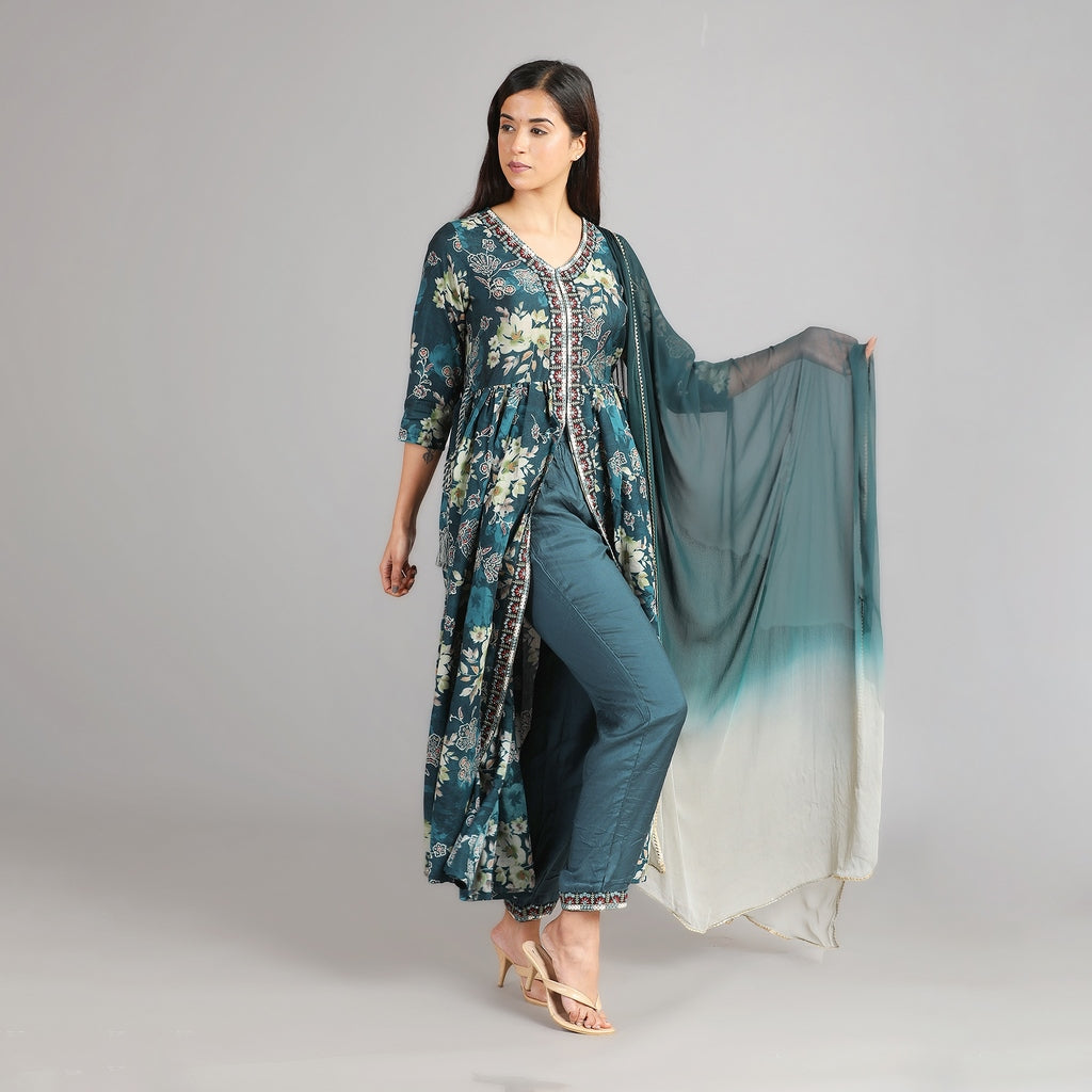 Shakti Dark Green Muslin Suit Set With Embroidered Neck and Gotapatti Dupatta– 3pc - Aavarana by Karnika