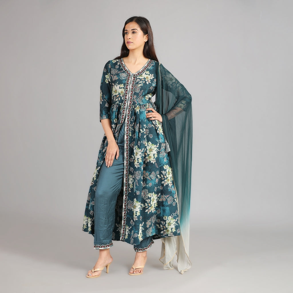 Shakti Dark Green Muslin Suit Set With Embroidered Neck and Gotapatti Dupatta– 3pc - Aavarana by Karnika