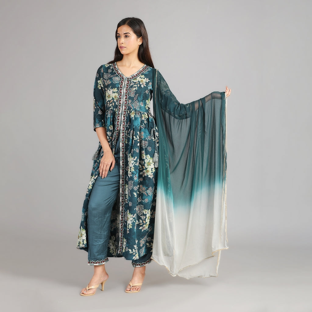 Shakti Dark Green Muslin Suit Set With Embroidered Neck and Gotapatti Dupatta– 3pc - Aavarana by Karnika