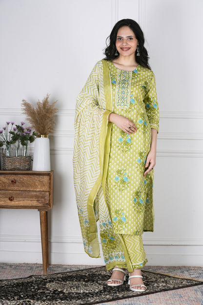 Brahmi Pista Green Cotton Suit Set - Aavarana by Karnika