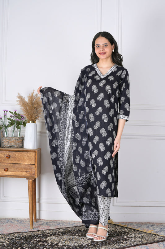 Ajaya Black and White Handblock Cotton Suit Set - Aavarana by Karnika