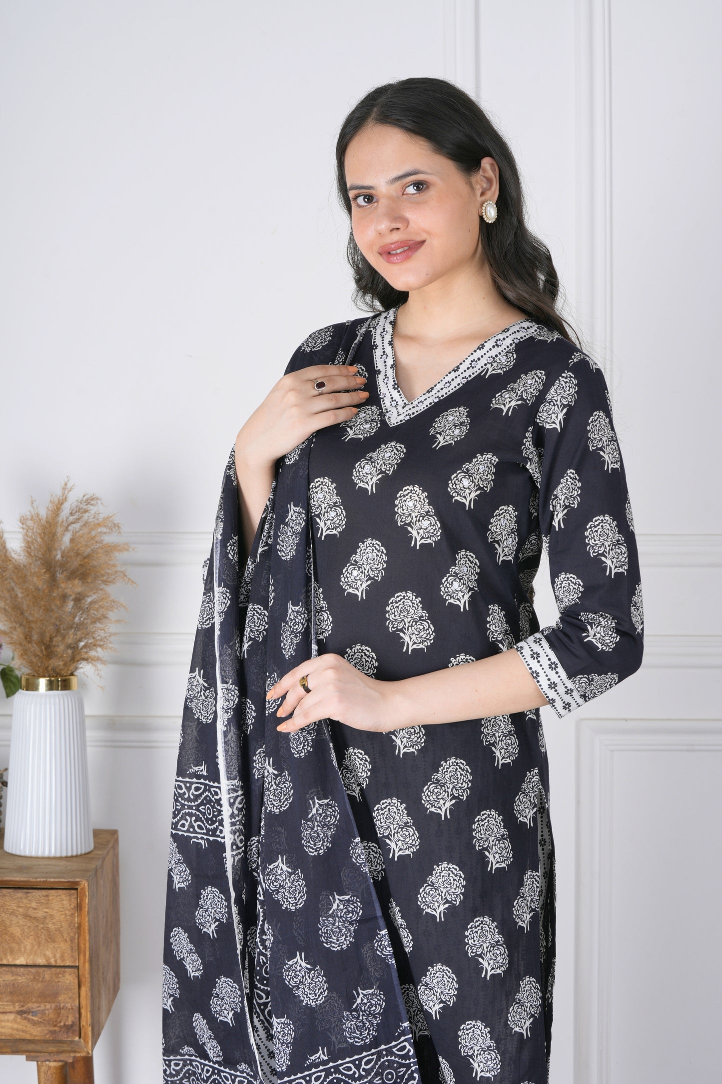 Ajaya Black and White Handblock Cotton Suit Set - Aavarana by Karnika