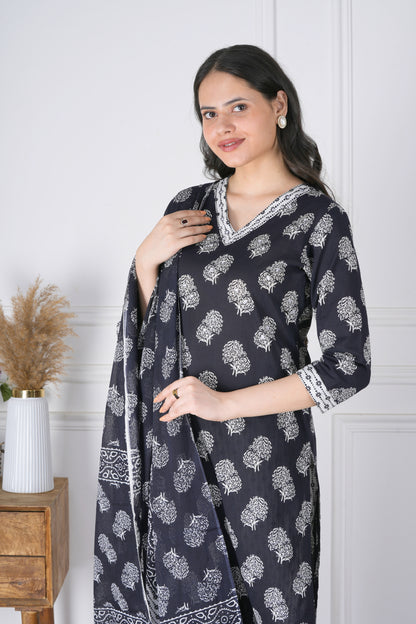 Ajaya Black and White Handblock Cotton Suit Set - Aavarana by Karnika