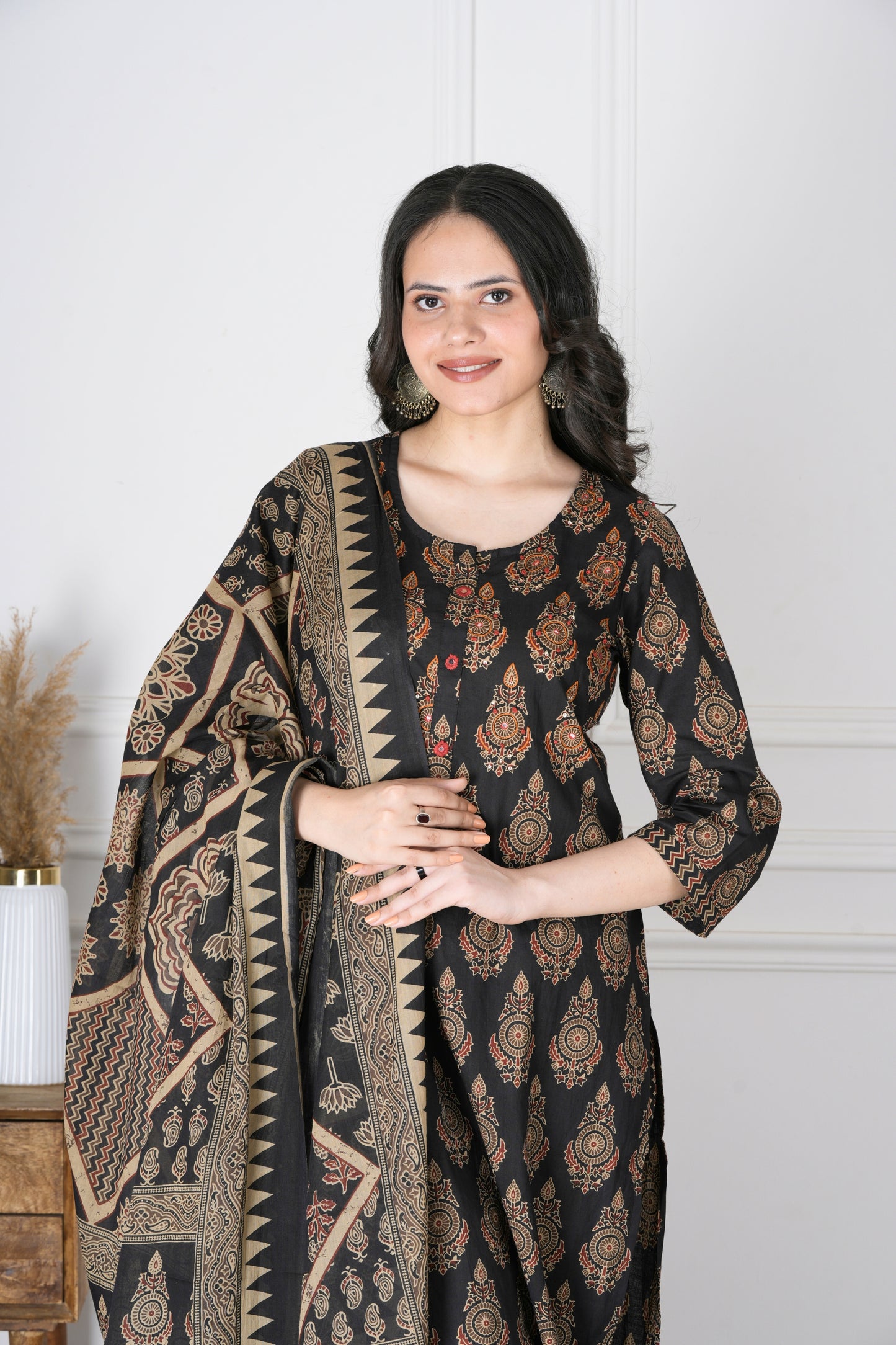 Ameya Black and Brown Handblock Cotton Suit Set - Aavarana by Karnika