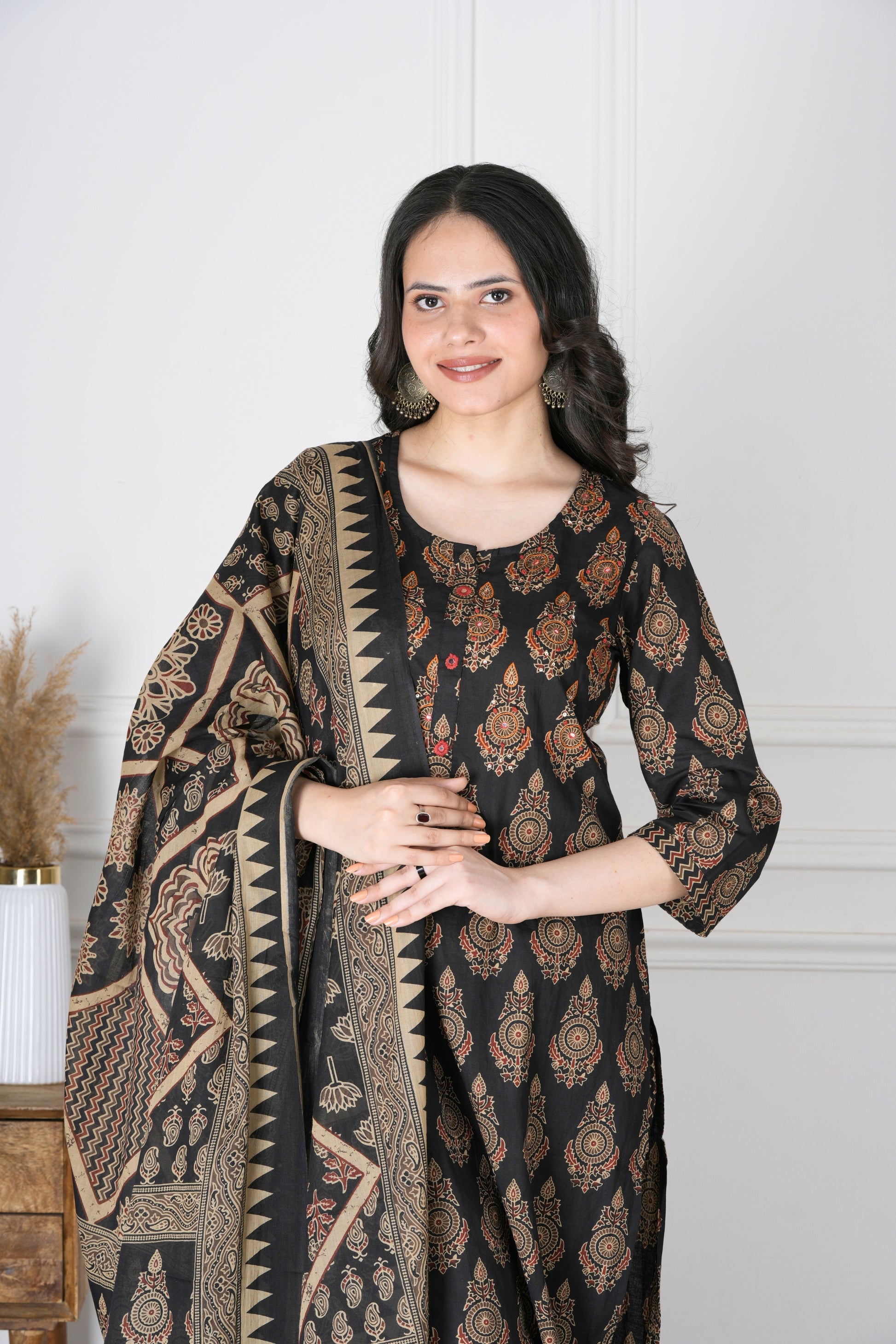 Ameya Black and Brown Handblock Cotton Suit Set - Aavarana by Karnika